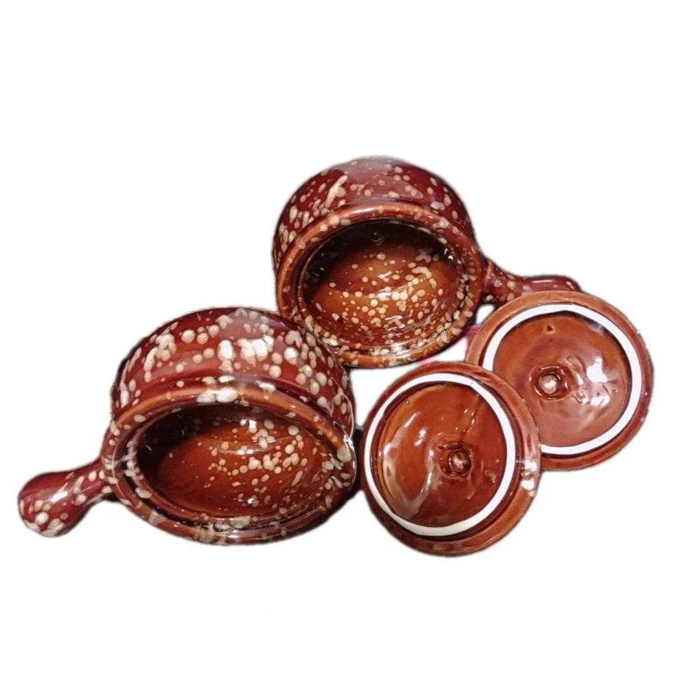 Vintage Brown Speckled Ceramic French Onion Soup Bowls with Lids Set of 2